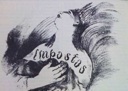 Desenho de Angelo Agostini criticando o avanço do fisco sobre contribuintes paulistanos, publicado no jornal semanal Cabrião em 1867