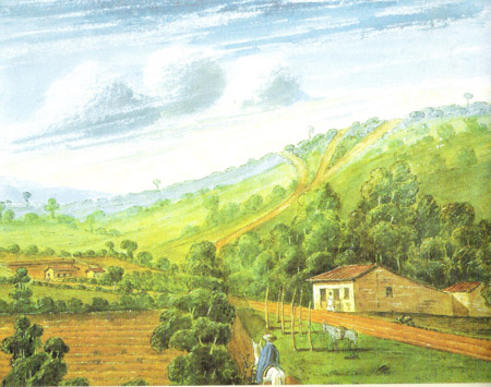 Vista de Peranza, lugar onde o atual imperador Dom Pedro ou o então príncipe regente declarou a Independência do Brasil, por Edmund Pink, 1823