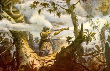 Combate contra botocudos, obra de Jean Baptiste Debret, de 1827, retrata guerra dos bandeirantes contra índios